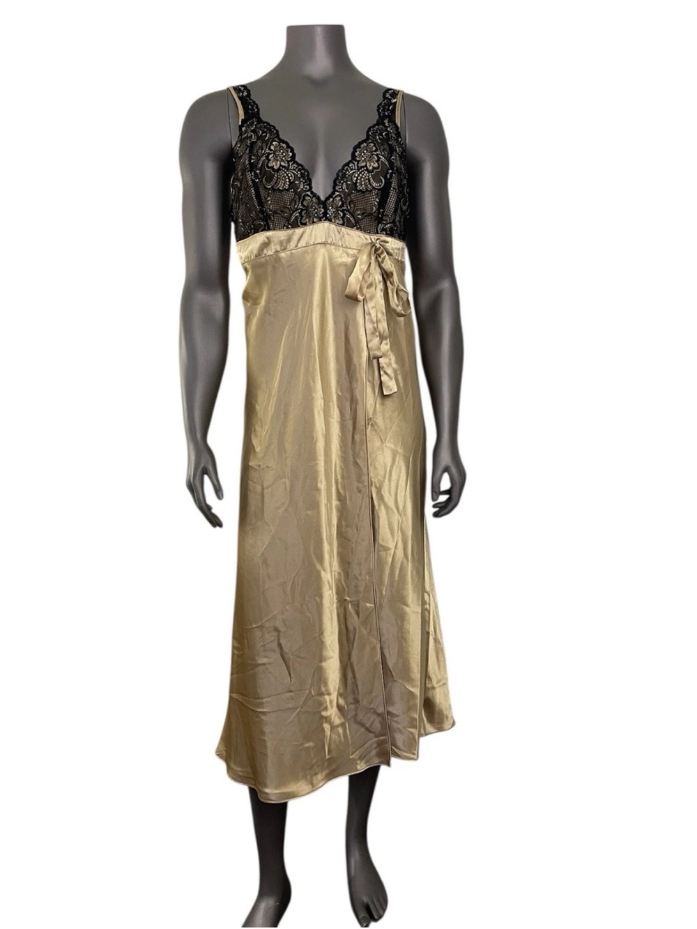 Inner Most Nightgown Women’s‎ L Silk Gold Lace Black Vintage Sears Long Wrap Tie